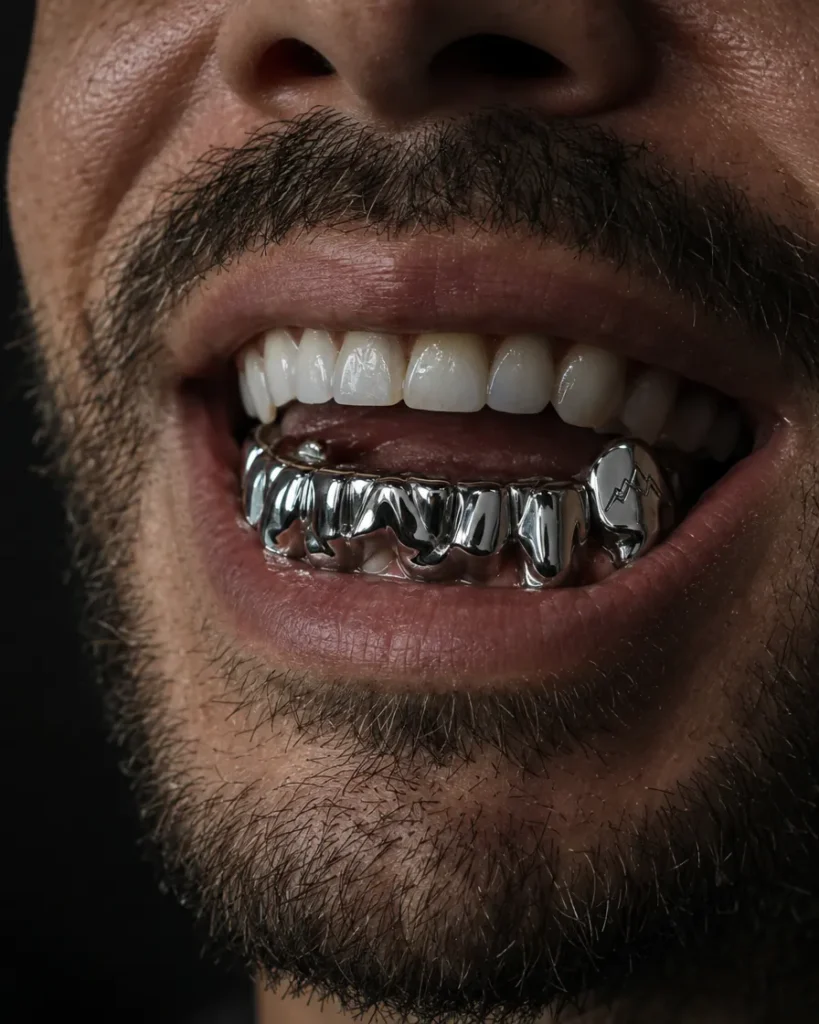 Grillz in Chrom mit gravierter Bergkamm-Linie