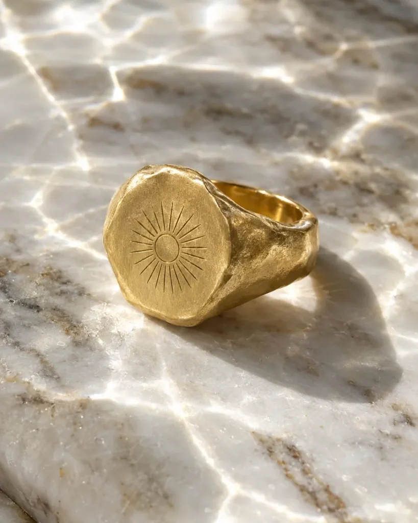 Siegelring in Gold mit gravierter Sonne auf Marmor